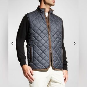 Peter Millar Essex quilted vest in dark blue with brown leather size L